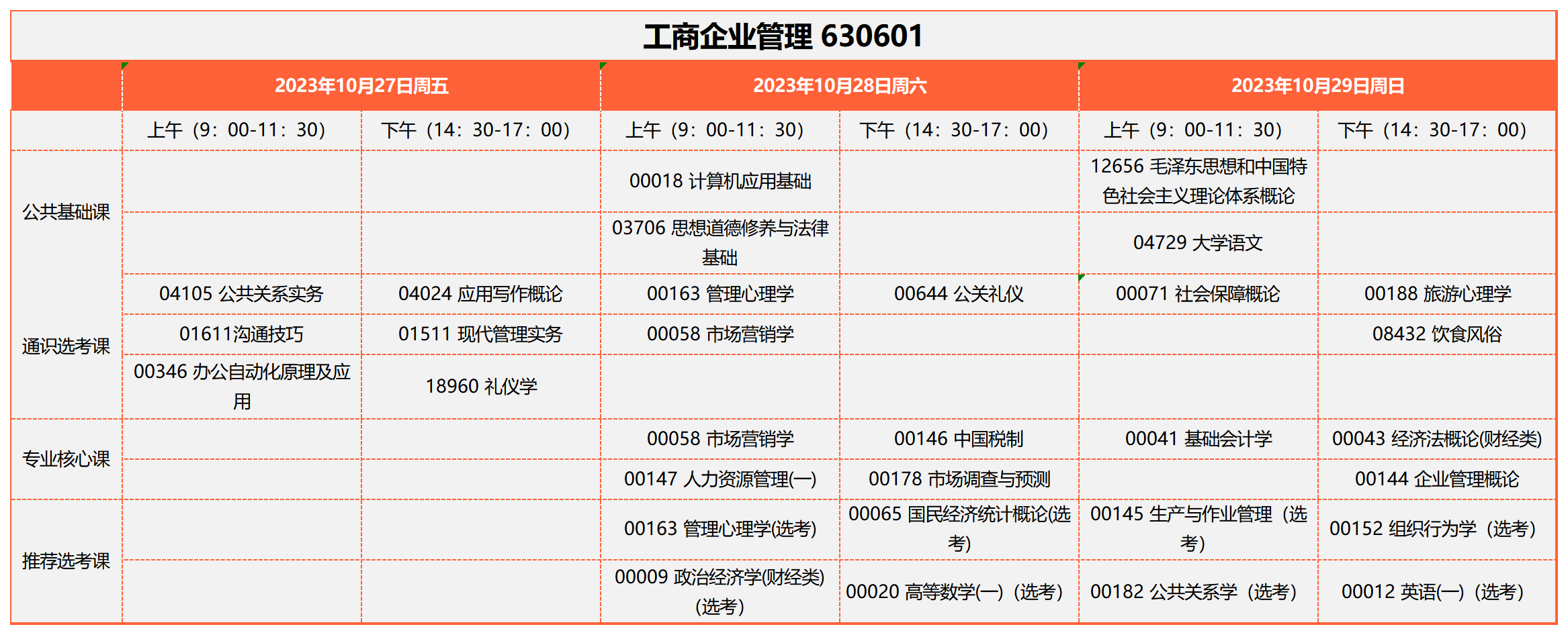 2023年10月湖北自考工商企业管理 630601考试安排 2023年10月湖北自考工商企业管理 630601考试安排
