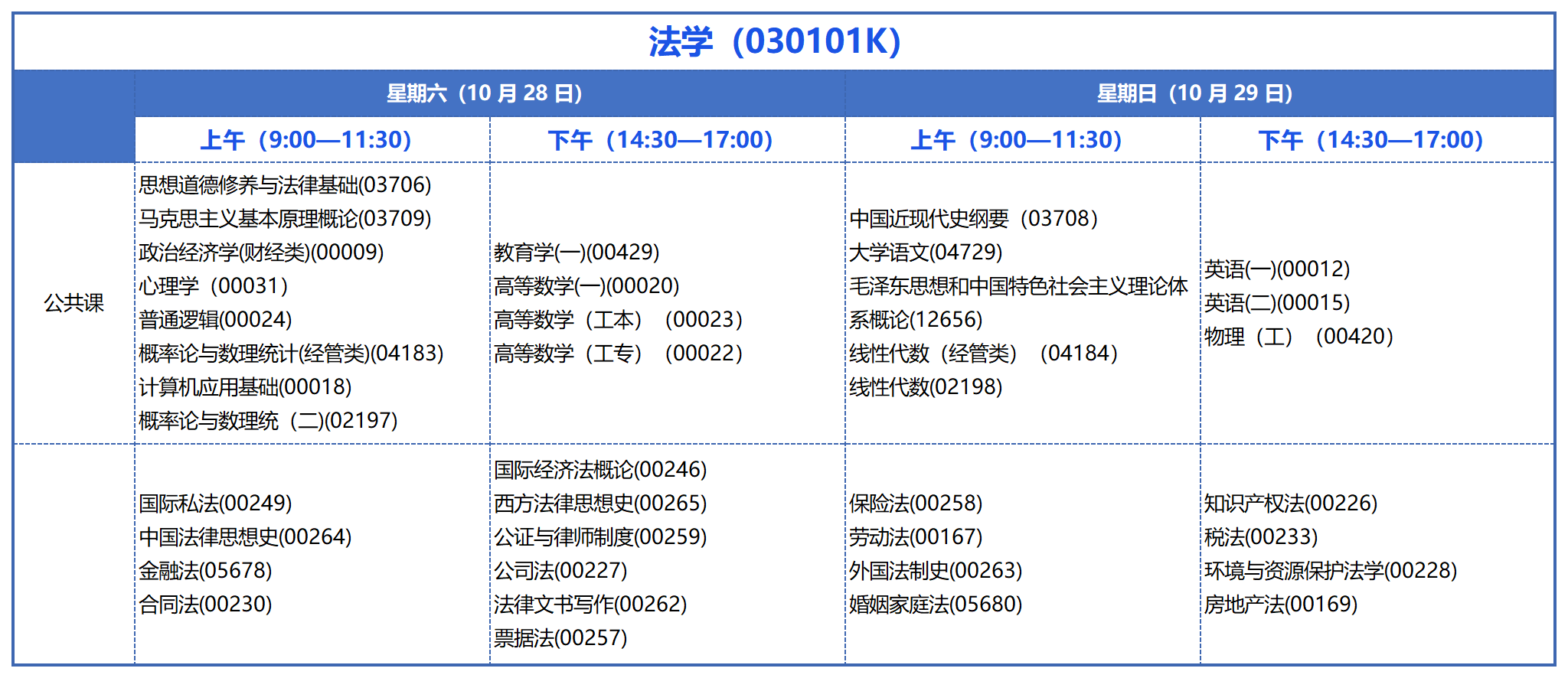 本科考试安排_法学(030101K) 本科考试安排_法学(030101K)